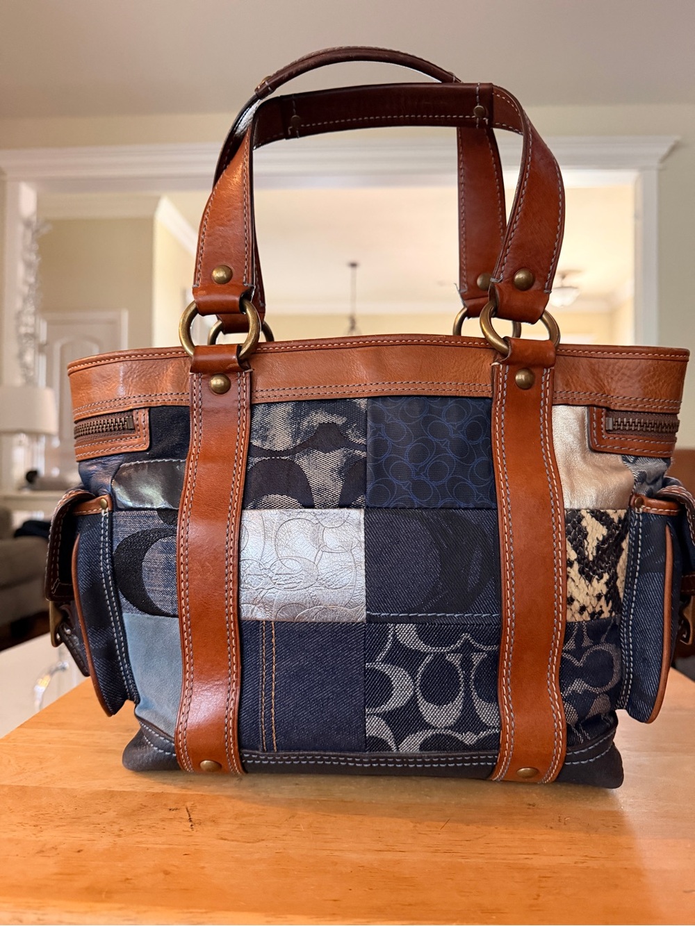 COACH 10002 INDIGO PATCHWORK DENIM WHISKEY LEATHER BAG